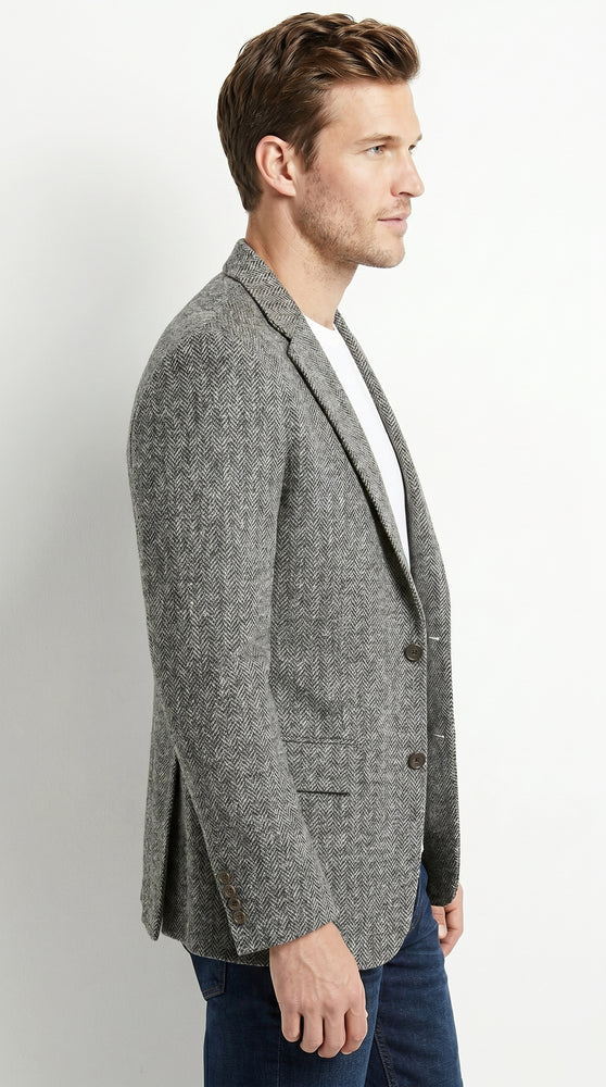 Men’s Grey Harris Tweed Herringbone Sport Coat, Classic Dress Casual Blazer Jacket