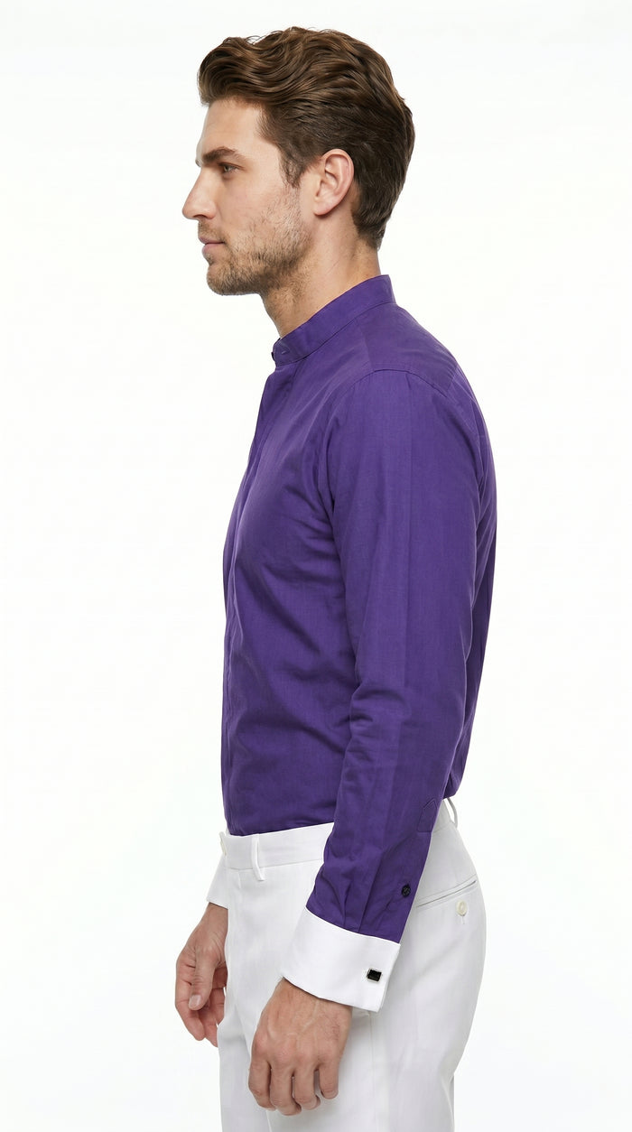 Men’s Mandarin Collarless Dress Shirt with French Cuffs, Preacher Round Collar Formal Shirt