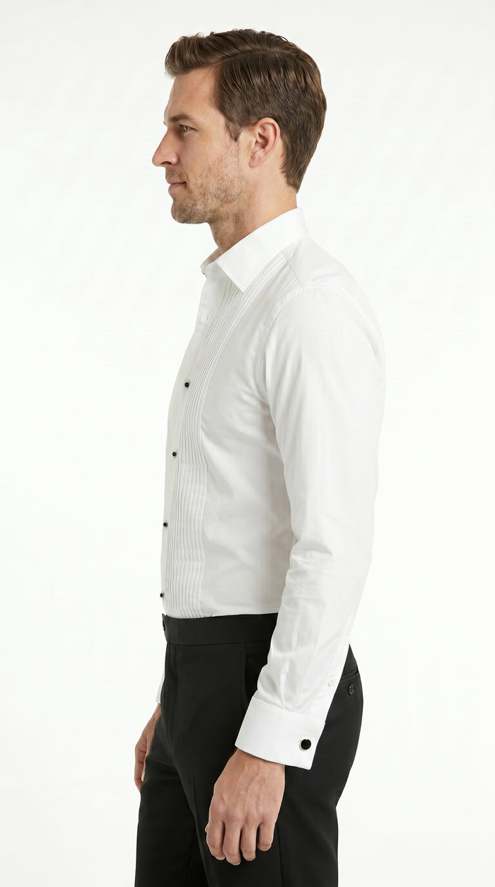 Men’s Vincent White Pleated Laydown Collar Tuxedo Shirt with French Cuffs, Ted Baker Brand Formal Shirt
