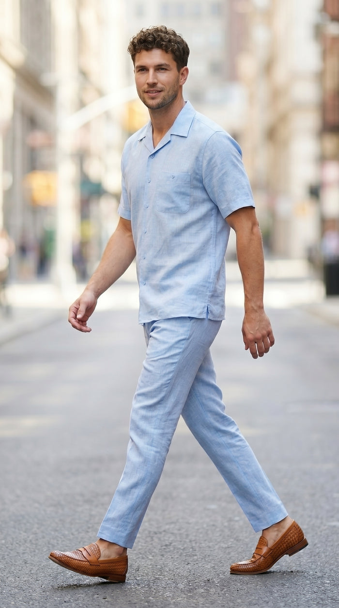 Men’s Light Blue Linen Walking Suit with Short Sleeve Shirt and Matching Pants, Summer Casual Outfit