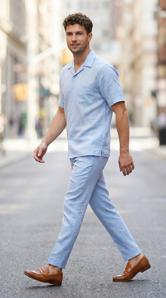 Men’s Light Blue Linen Walking Suit with Short Sleeve Shirt and Matching Pants, Summer Casual Outfit