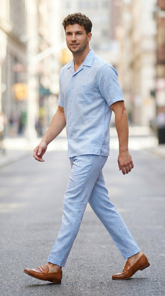 Men’s Light Blue Linen Walking Suit with Short Sleeve Shirt and Matching Pants, Summer Casual Outfit