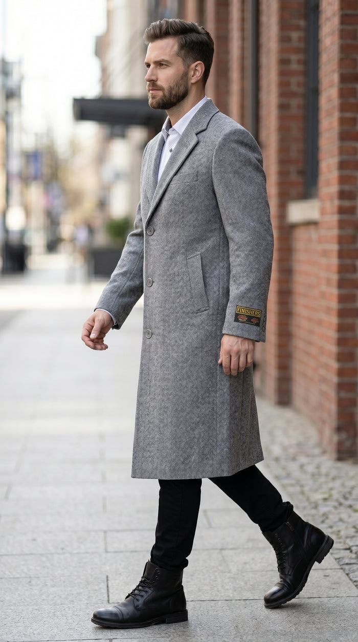 Men’s Light Grey Big and Tall Long Overcoat, Winter Dress Topcoat in 4XL 5XL 6XL