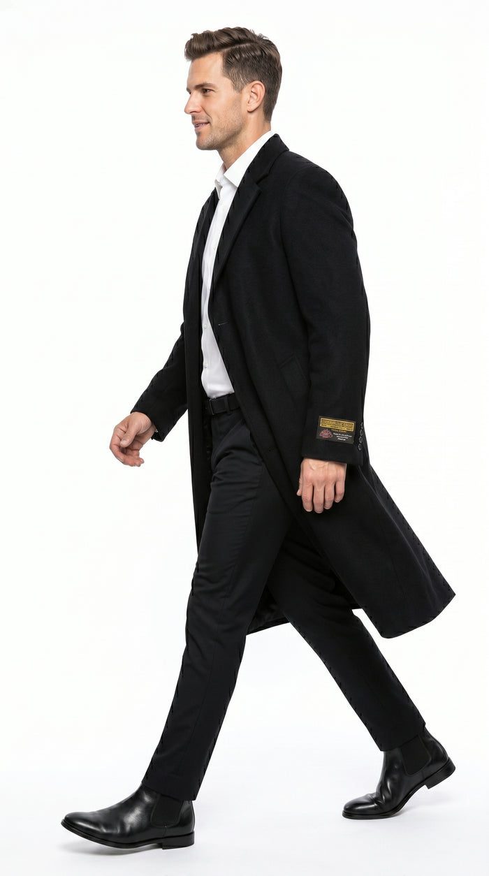 Men’s Black Big and Tall Long Overcoat, Winter Dress Topcoat in 4XL 5XL 6XL