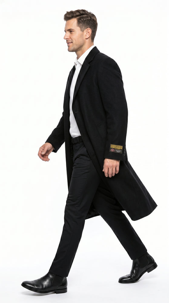 Men’s Black Big and Tall Long Overcoat, Winter Dress Topcoat in 4XL 5XL 6XL