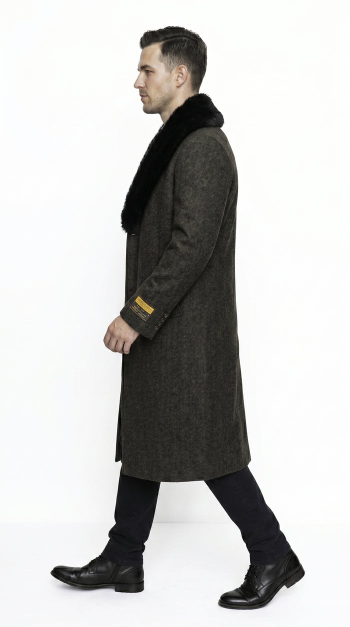 Men’s Brown Big and Tall Long Overcoat with Fur Style Collar, Winter Dress Topcoat in 4XL 5XL 6XL