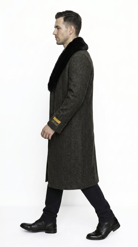 Men’s Brown Big and Tall Long Overcoat with Fur Style Collar, Winter Dress Topcoat in 4XL 5XL 6XL