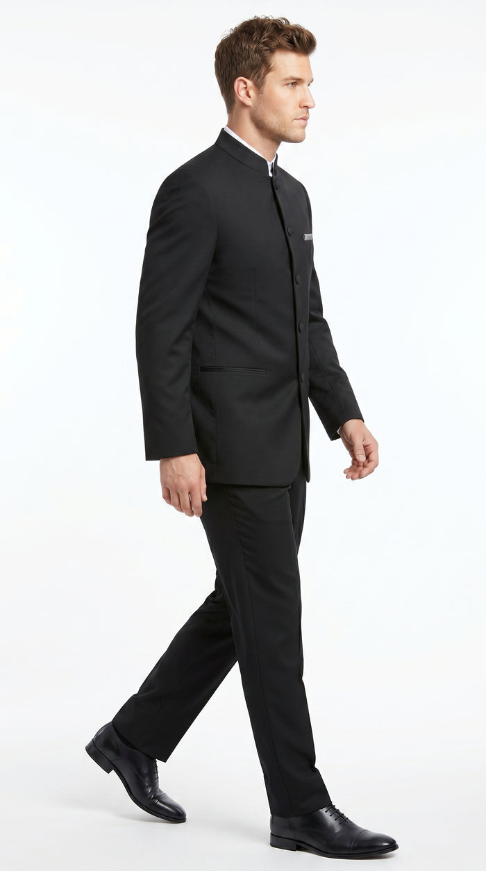 Men’s Black 5 Button Mandarin Collar Nehru Style Suit, Formal Banded Collar Dress Suit