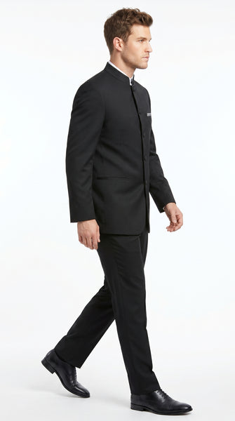 Men’s Black 5 Button Mandarin Collar Nehru Style Suit, Formal Banded Collar Dress Suit