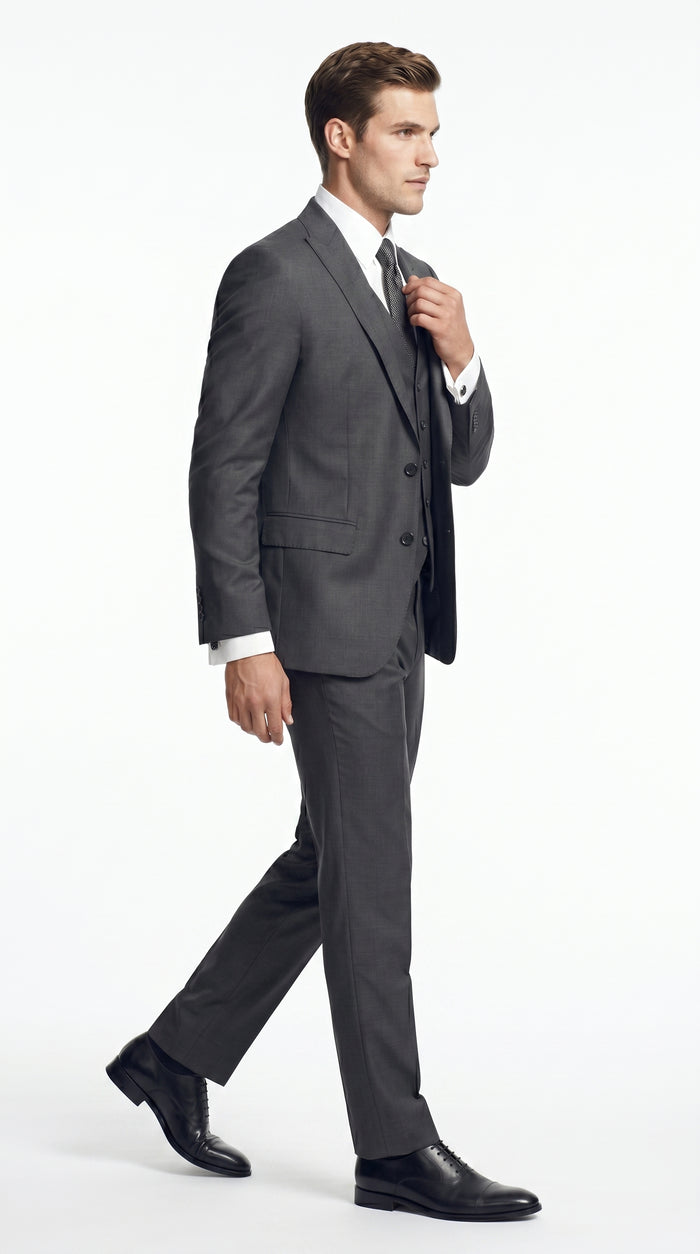 Men’s Dark Grey 3 Piece Vested Suit with 2 Button Jacket and Peak Lapel, Formal Wedding Business Suit