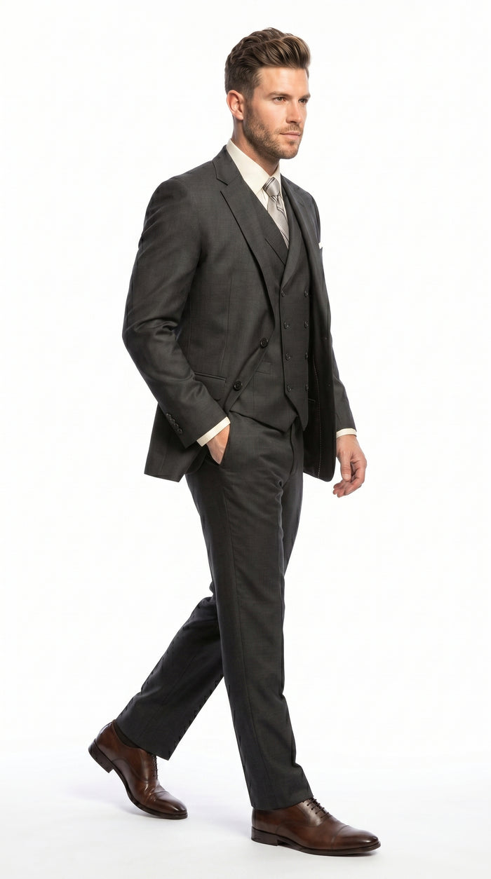 Men’s Urban Gray 3 Piece Suit with Double Breasted Vest and Pleated Pants, Formal Dress Suit