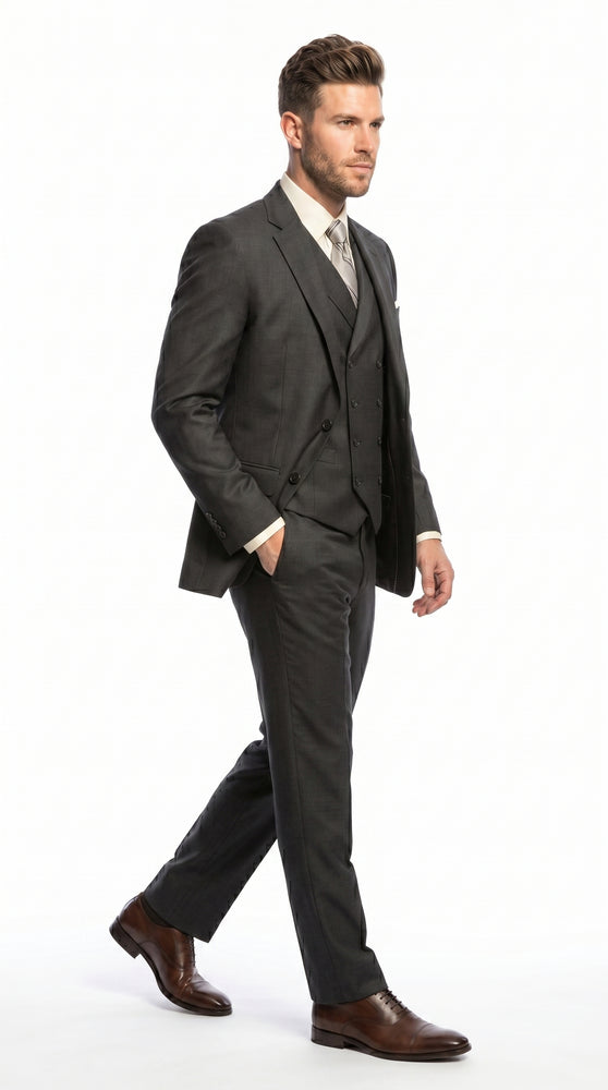 Men’s Urban Gray 3 Piece Suit with Double Breasted Vest and Pleated Pants, Formal Dress Suit