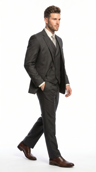 Men’s Urban Gray 3 Piece Suit with Double Breasted Vest and Pleated Pants, Formal Dress Suit