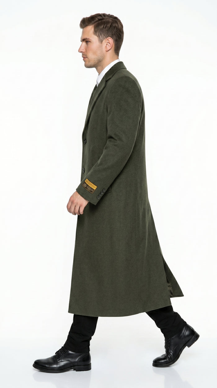 Men’s Olive Green Full Length Wool Blend Topcoat, Long Dress Overcoat for Winter Formal Wear