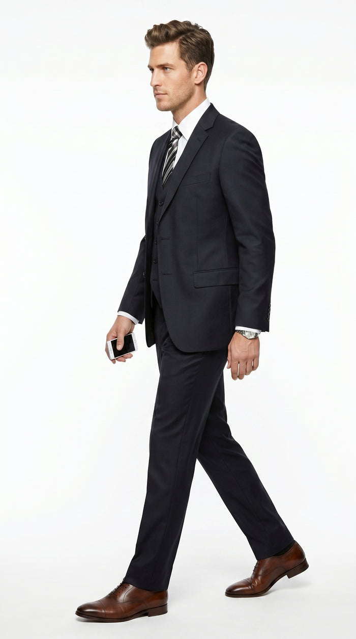 Men’s Black 3 Piece Suit with 2 Button Jacket, Vested Peak Lapel Formal Dress Suit