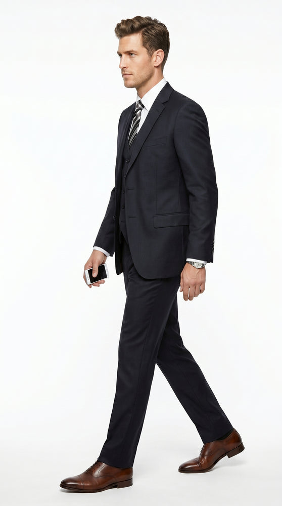Men’s Black 3 Piece Suit with 2 Button Jacket, Vested Peak Lapel Formal Dress Suit
