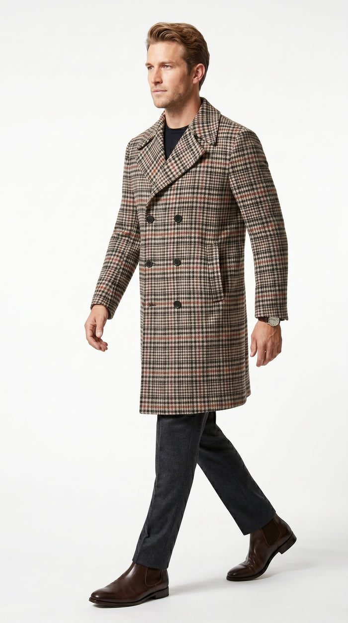Men’s Cream Black and Red Plaid Wool Blend Peacoat, Checkered Double Breasted Winter Coat