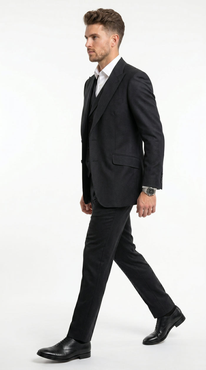 Men’s Black Classic Fit 3 Piece Suit with Double Breasted Vest and Pleated Pants