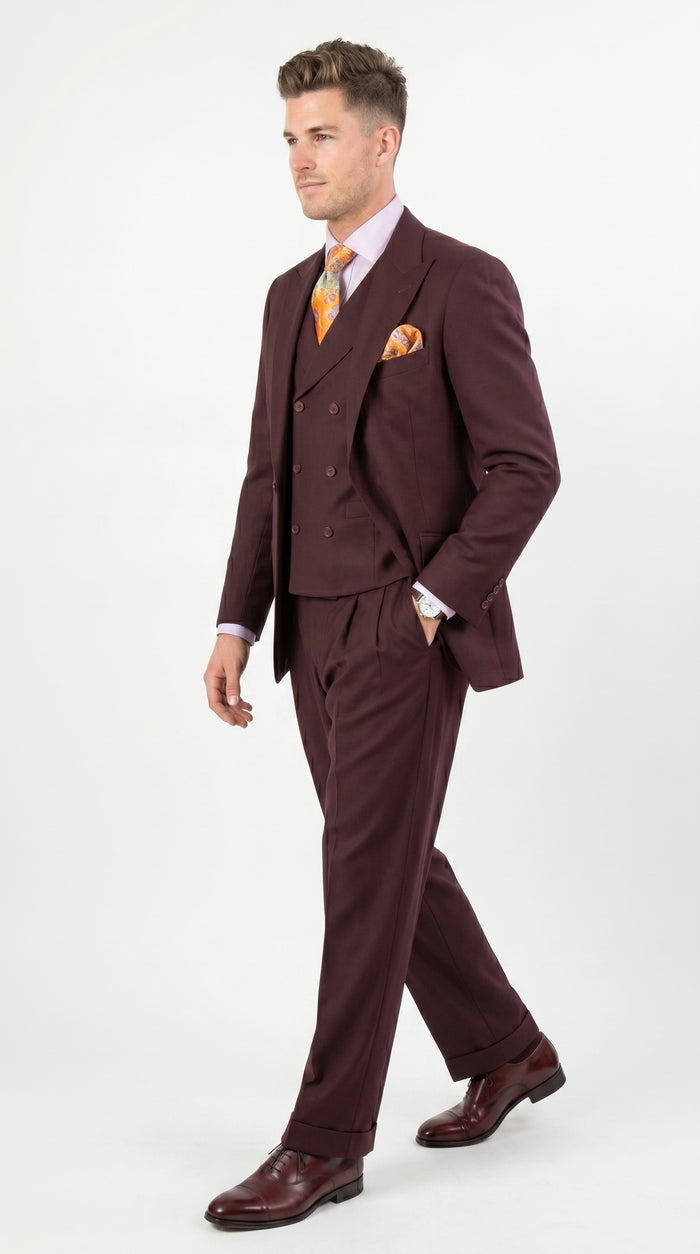 Men’s Burgundy Maroon 3 Piece Suit with Double Breasted Vest and Pleated Pants