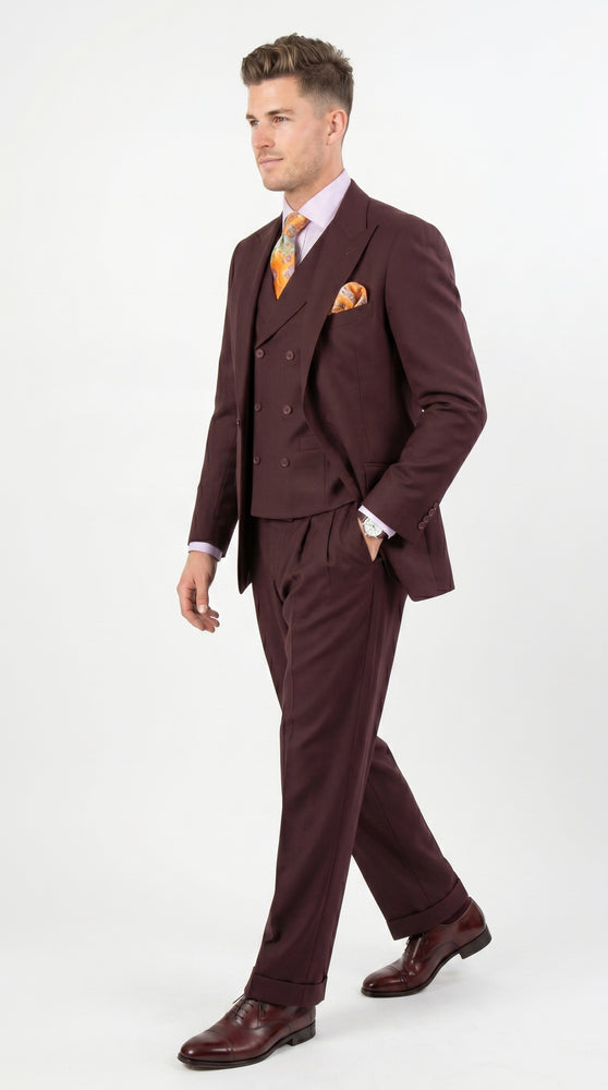 Men’s Burgundy Maroon 3 Piece Suit with Double Breasted Vest and Pleated Pants