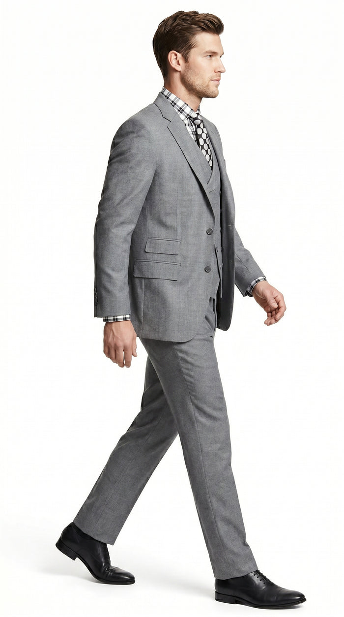 Men’s Light Grey 3 Piece Suit with Double Breasted Vest and Pleated Pants