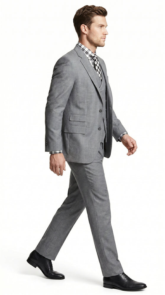 Men’s Light Grey 3 Piece Suit with Double Breasted Vest and Pleated Pants