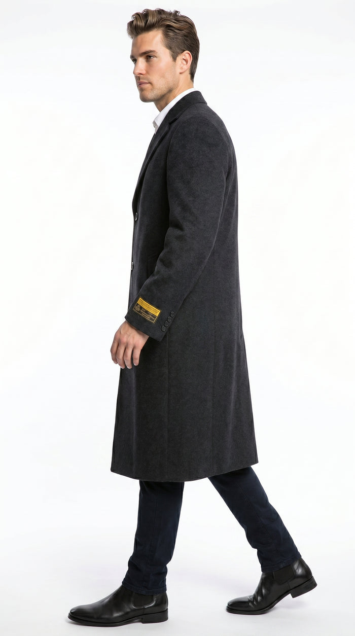 Men’s Charcoal Full Length Wool Dress Topcoat, Formal Winter Overcoat for Men