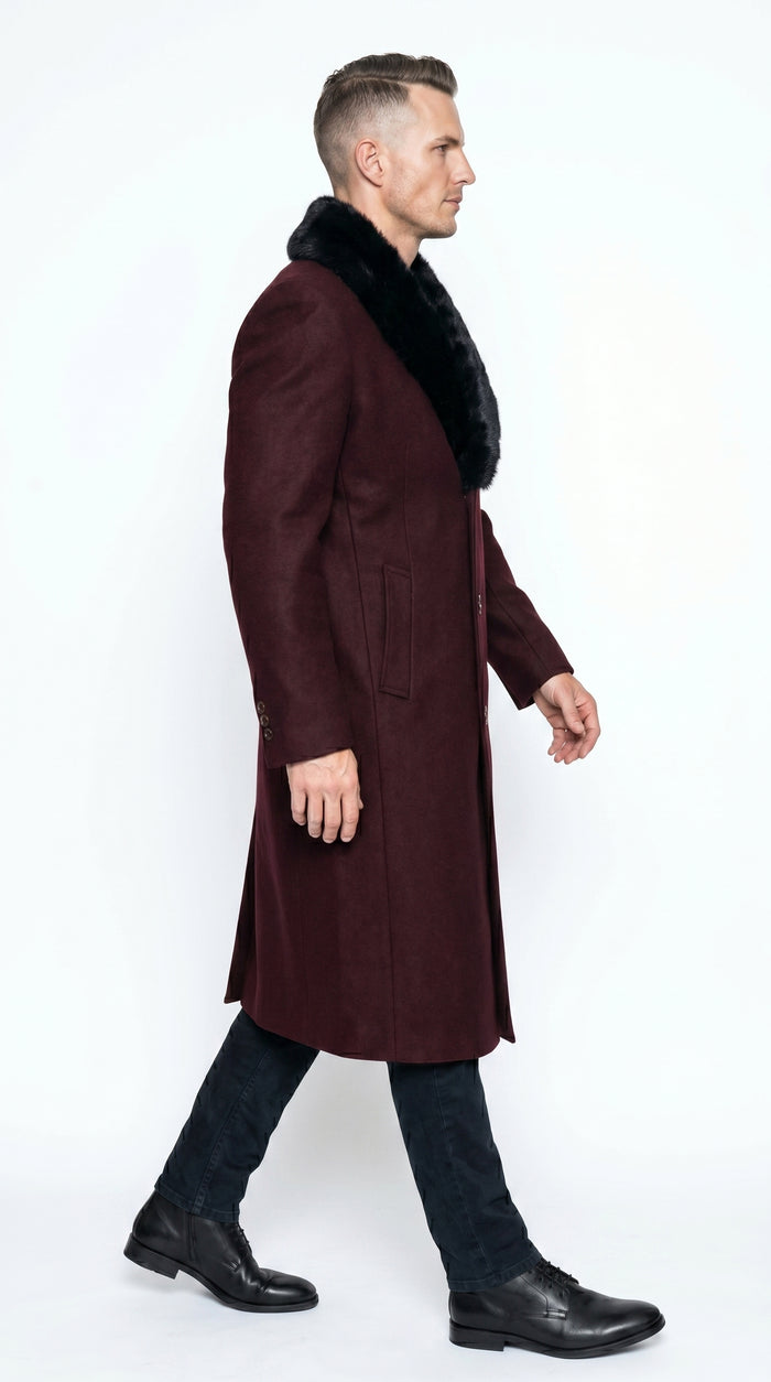 Men’s Burgundy Big and Tall Long Overcoat with Black Fur Style Collar, Winter Dress Topcoat up to Size 68