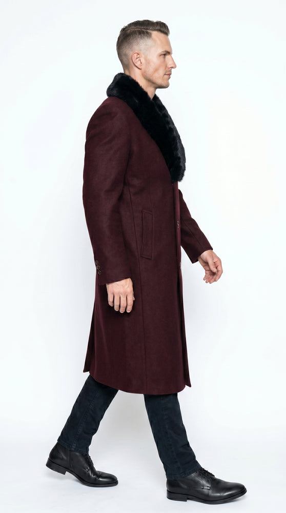 Men’s Burgundy Big and Tall Long Overcoat with Black Fur Style Collar, Winter Dress Topcoat up to Size 68