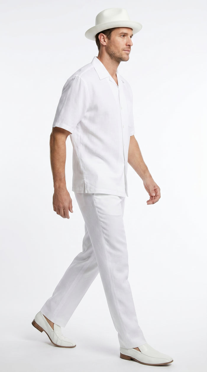 Men’s White Linen Walking Suit with Short Sleeve Shirt and Matching Pants, Summer Casual Outfit
