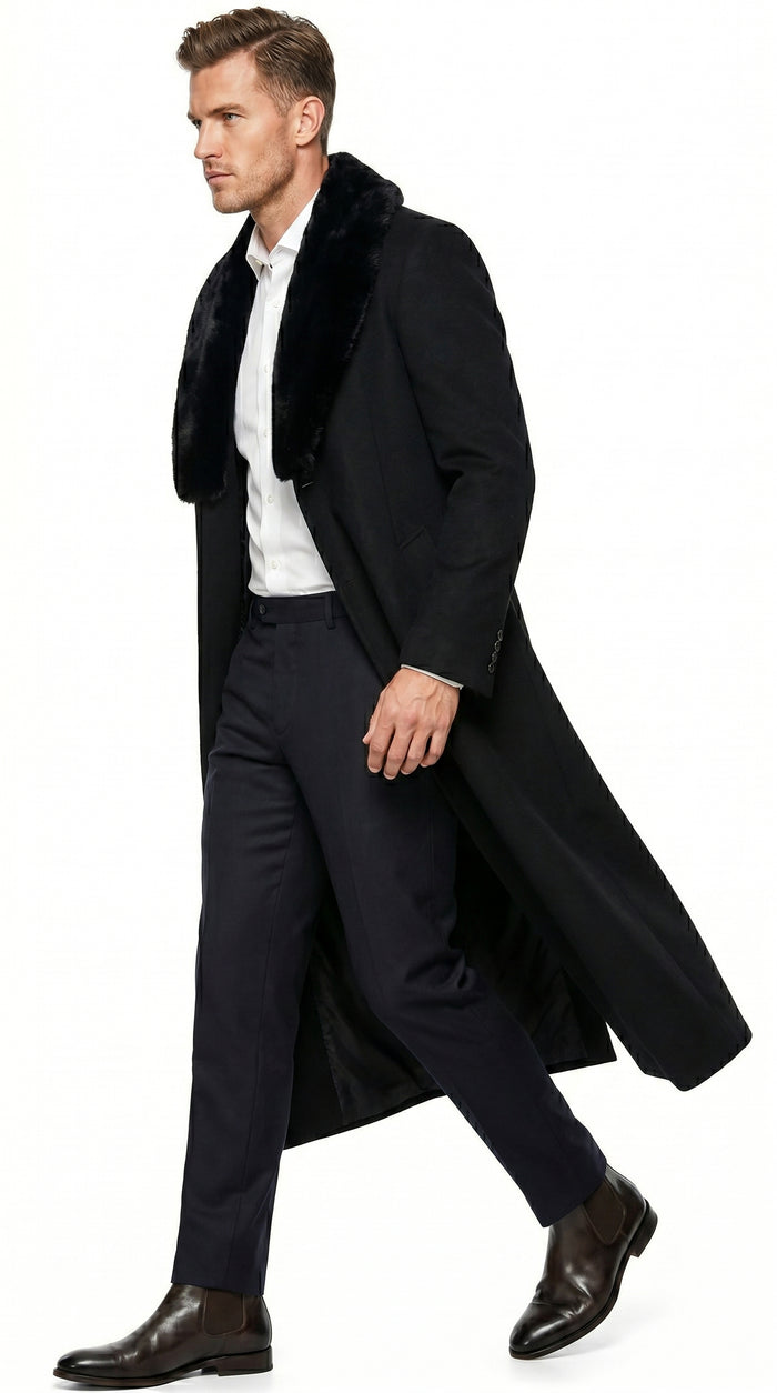 Men’s Black Cashmere Blend Full Length Overcoat with Fur Style Collar, Winter Dress Coat