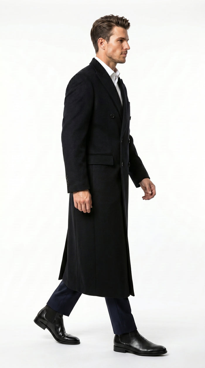 Men’s Black Cashmere Blend Full Length Overcoat, Double Breasted Winter Dress Coat