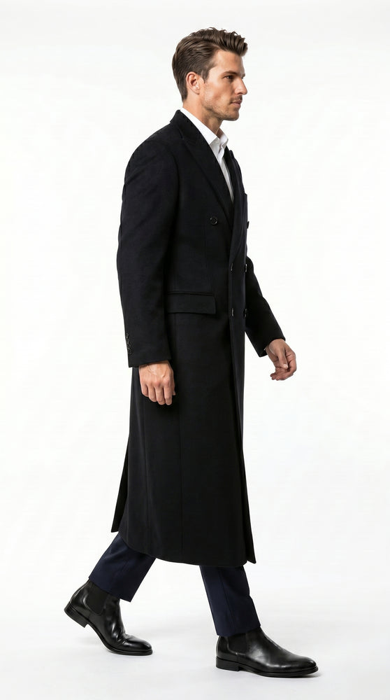 Men’s Black Cashmere Blend Full Length Overcoat, Double Breasted Winter Dress Coat
