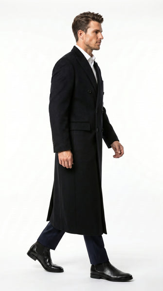 Men’s Black Cashmere Blend Full Length Overcoat, Double Breasted Winter Dress Coat