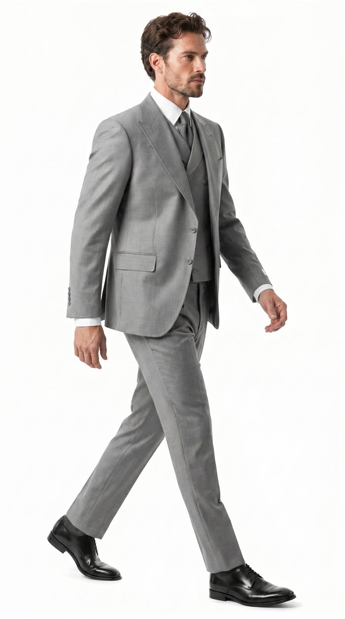 Men’s Grey 1920s Style 3 Piece Suit with Double Breasted Slanted Vest, Peak Lapel & Pleated Wide Leg Pants