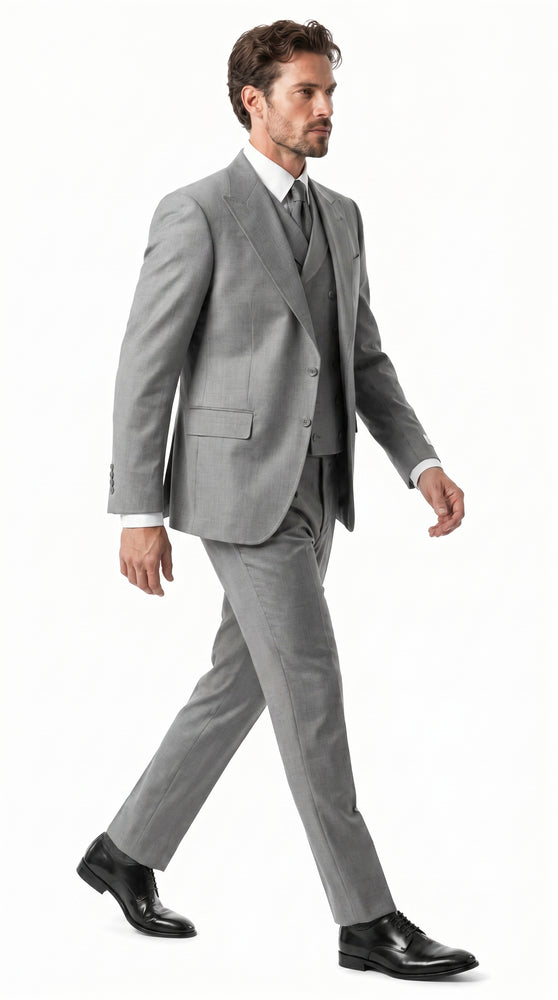 Men’s Grey 1920s Style 3 Piece Suit with Double Breasted Slanted Vest, Peak Lapel & Pleated Wide Leg Pants