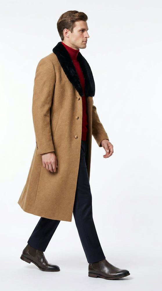Men’s Camel Big and Tall Long Overcoat with Black Fur Style Collar, Winter Dress Topcoat up to Size 68