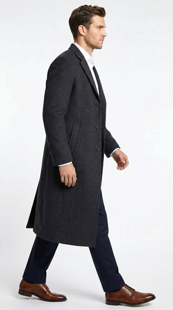 Men’s Black Cashmere Blend Full Length Overcoat, Classic Winter Dress Topcoat