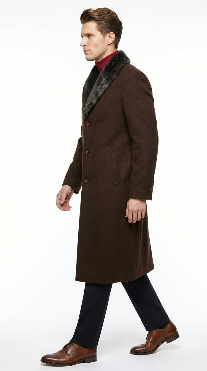 Men’s Brown Big and Tall Long Overcoat with Black Fur Style Collar, Winter Dress Topcoat up to Size 68