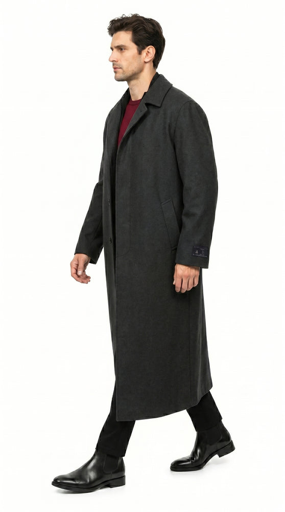 Men’s Charcoal 3 Button Long Wool Blend Dress Coat, Full Length Formal Winter Overcoat