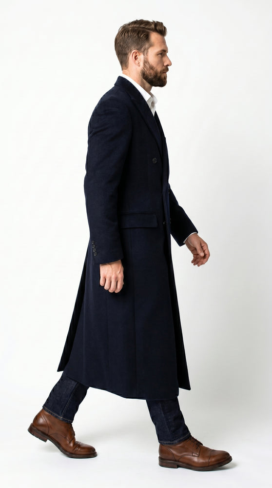 Men’s Black Cashmere Blend Full Length Overcoat, Double Breasted Winter Dress Topcoat