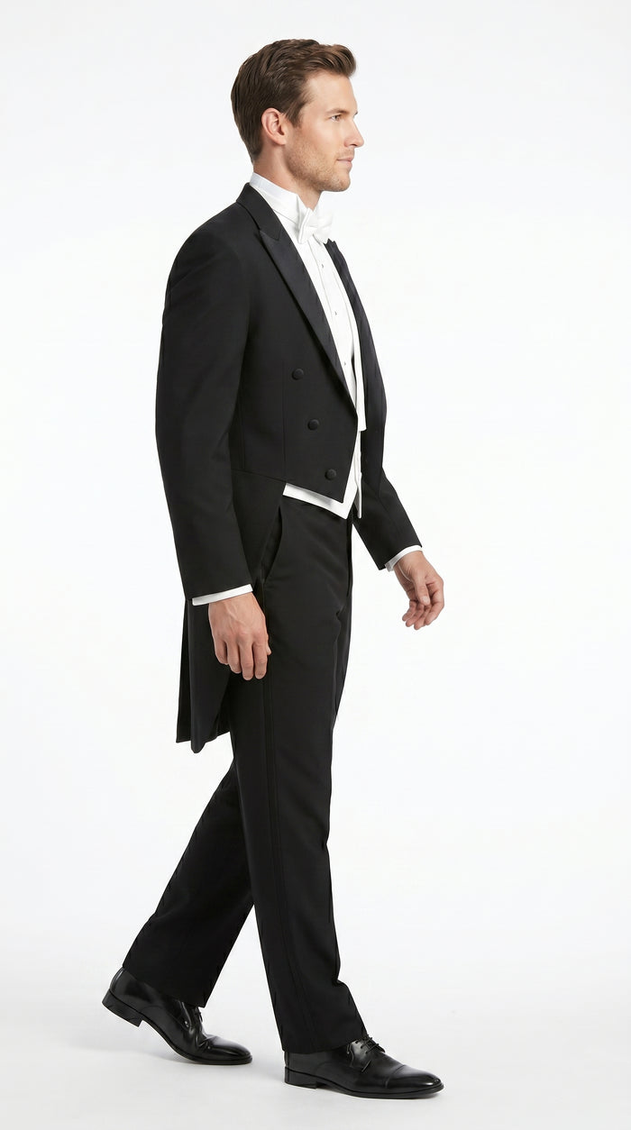 Men’s Black Tailcoat Tuxedo Jacket with Notch Collar, 6 Button Formal Tail Suit