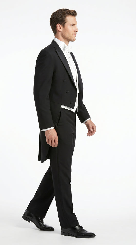 Men’s Black Tailcoat Tuxedo Jacket with Notch Collar, 6 Button Formal Tail Suit