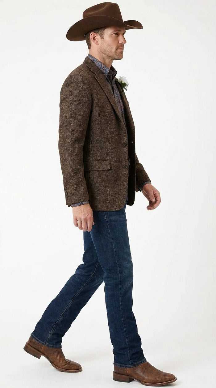 Men’s Brown Western Tweed Herringbone Blazer Jacket – Classic Cowboy Style Sport Coat for Wedding Party