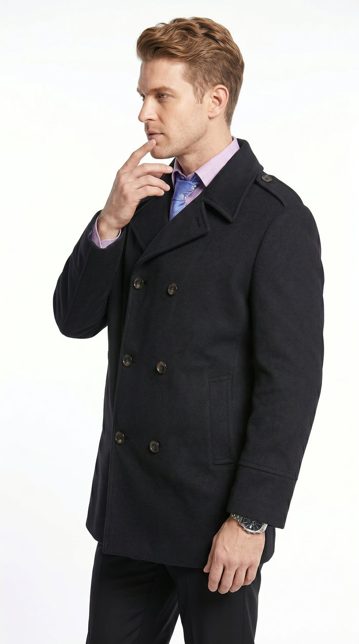 Men’s Black Wool Blend Double Breasted Peacoat, Designer Style Winter Dress Coat