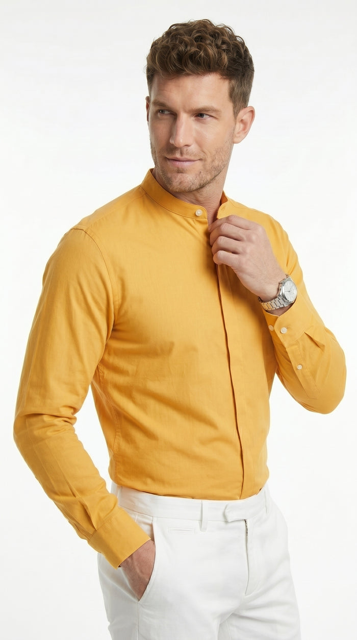 Men’s Honey Gold Mandarin Collar Dress Shirt, Banded Collar Oriental Style Formal Shirt