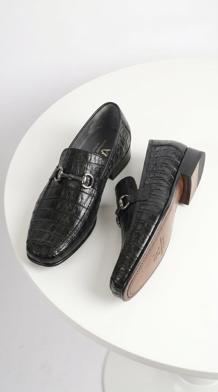 Los Altos Black Genuine Caiman Crocodile Belly Slip-On Loafers