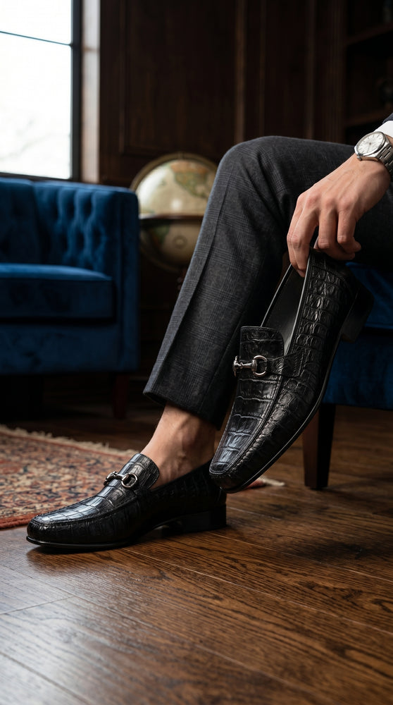 Los Altos Black Genuine Caiman Crocodile Belly Slip-On Loafers