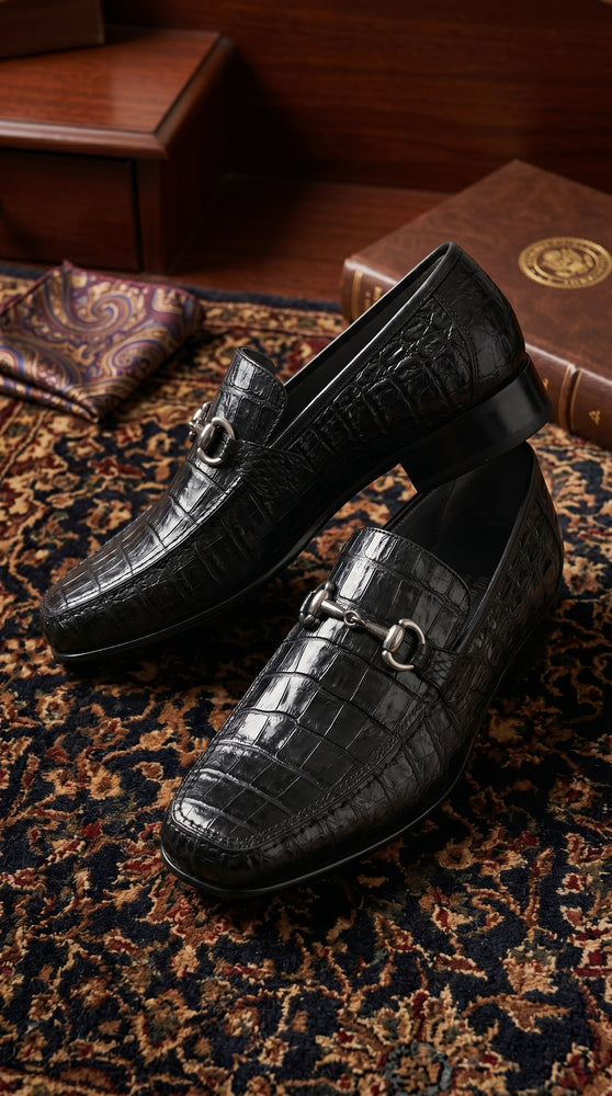 Los Altos Black Genuine Caiman Crocodile Belly Slip-On Loafers
