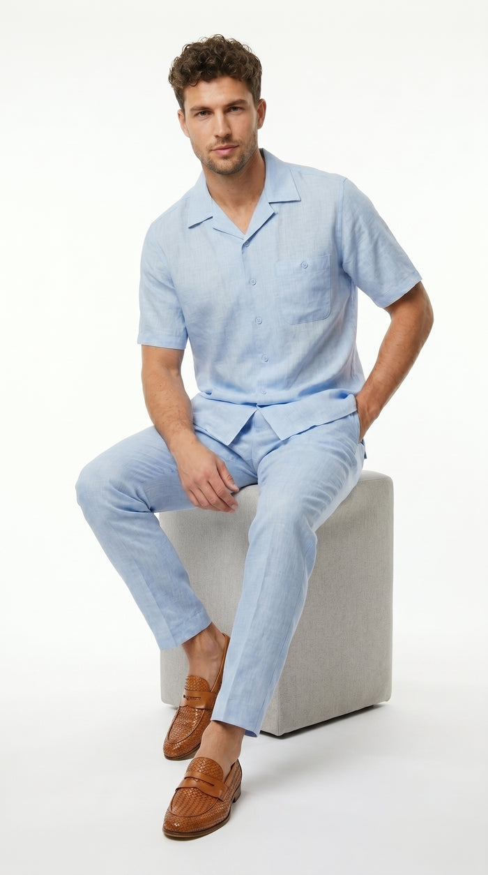 Men’s Light Blue Linen Walking Suit with Short Sleeve Shirt and Matching Pants, Summer Casual Outfit